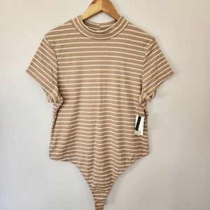 Bp Nordstrom Mock Neck  Bodysuit 2X NWT Beige-White Dylan Stripe NWT